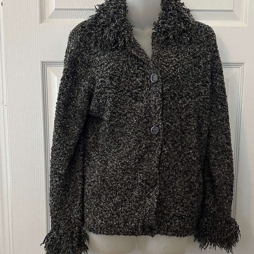 Kathie Lee Collection Black Gray Textured  Sweater Fringe cuffs and Neckline